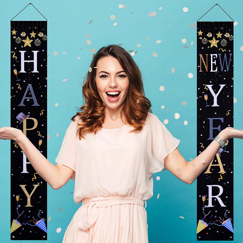 Happy New Year Door Banners New Year Porch Sign Hanging Banner for New Year's Eve Party Supplies Home Decorations Home & Garden > Decor > Seasonal & Holiday Decorations& Garden > Decor > Seasonal & Holiday Decorations Boao   