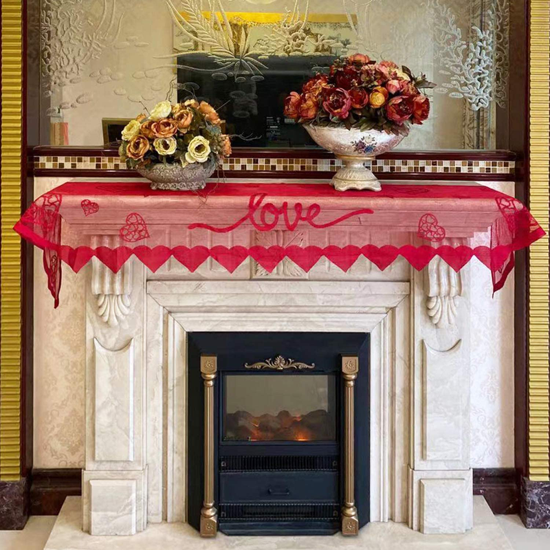 Red Heart Mantle Scarf for Fireplace Decorations - Lace Mantel Cover Runner for Home Living Room Decorations - Romantic Indoor Decorations for Valentines Day, Wedding, Anniversary, Mother’S Day Home & Garden > Decor > Seasonal & Holiday Decorations Joysail   