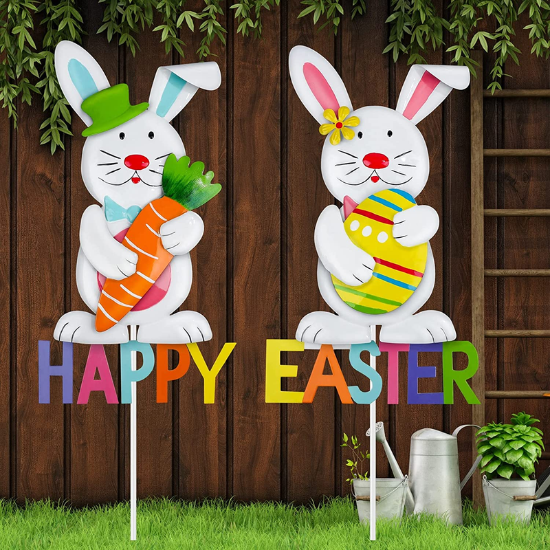 Fovths 2 Pack Metal Easter Bunny Garden Stakes Giant 45 Inch Metal Waterproof Happy Easter Bunny Yard Sign Lawn Decor Spring Easter Yard Sign with Carrot for Easter Lawn Outdoor Decor