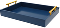 JollyCaper Wooden Ottoman Tray | Large Wooden Serving Tray with Gold Metal Handles | Coffee Tray, Breakfast Tray, or Table Tray in Rectangular Design | Size 16 x 12 inches (Navy Blue)