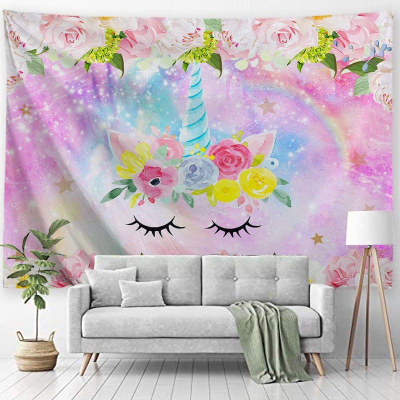 PROCIDA Unicorn Tapestry Pink Floral Sparkling Glitter Unicorn Head Rainbow Flowers Backdrop for Girls Bedroom College Dorm Decor with Nails 80" W x 60" L Home & Garden > Decor > Artwork > Decorative Tapestries PROCIDA   