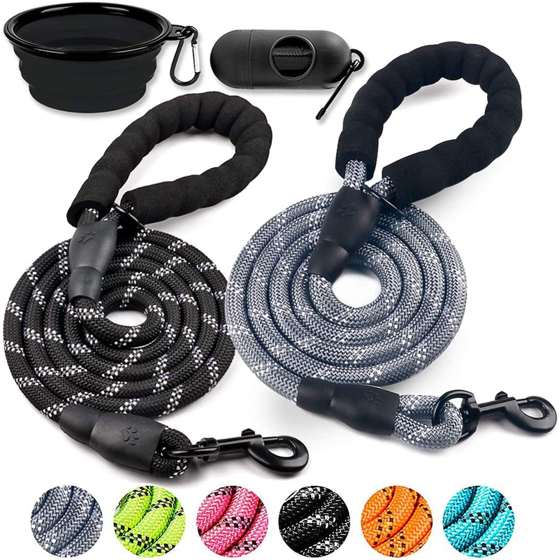 COOYOO 2 Pack Dog Leash 5 FT Heavy Duty - Comfortable Padded Handle - Reflective Dog Leash for Medium Large Dogs with Collapsible Pet Bowl Animals & Pet Supplies > Pet Supplies > Dog Supplies COOYOO Set 7-Black+Grey 0.5in. x 5ft.(for dogs weight 18-120lbs.) 