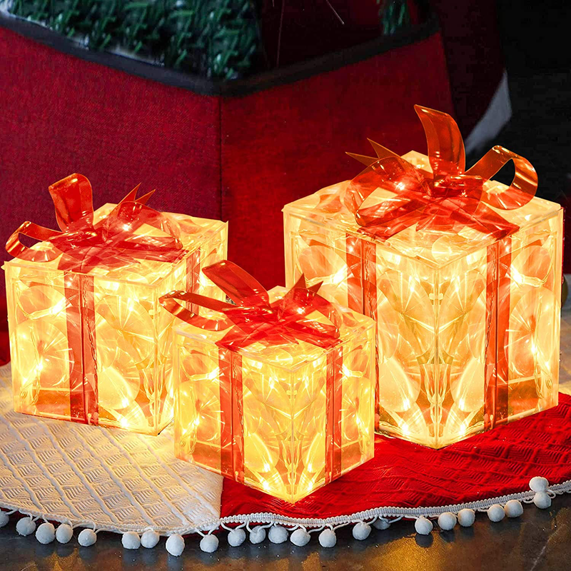 FUNPENY Set of 3 Christmas 60 LED Lighted Gift Boxes, Transparent Warm White Lighted Christmas Box Decrations, Presents Boxs with Red Bows for Christams Tree, Yard, Home, Christams Decorations Home & Garden > Decor > Seasonal & Holiday Decorations& Garden > Decor > Seasonal & Holiday Decorations FUNPENY   