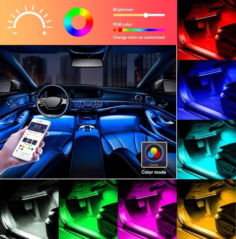 MINGER Unifilar Car LED Strip Light, 4pcs 48 LED APP Controller Car Interior Lights, Waterproof Multicolor Music Under Dash Lighting Kits for iPhone Android Smart Phone, Car Charger Included, DC 12V Vehicles & Parts > Vehicle Parts & Accessories > Motor Vehicle Parts > Motor Vehicle Lighting MINGER   