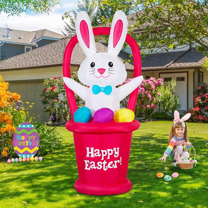 HOOJO 7 FT Height Easter Decorations Inflatables Bunny Outdoor, Easter Blow up Decor Bunny with Basket and Eggs Build-In Colorful Flashing LED Lights for Holiday Lawn, Yard, Garden