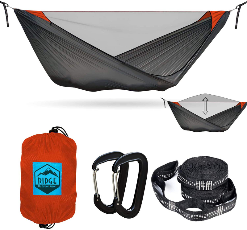 Ridge Outdoor Gear 11ft Camping Hammock with Mosquito Net - Pinnacle 180 Ultralight Hammock Tent Bundle with Bug Netting, Straps, and Carabiners Half-Zip Style Home & Garden > Lawn & Garden > Outdoor Living > Hammocks Ridge Outdoor Gear Orange 180 Half Zipper  