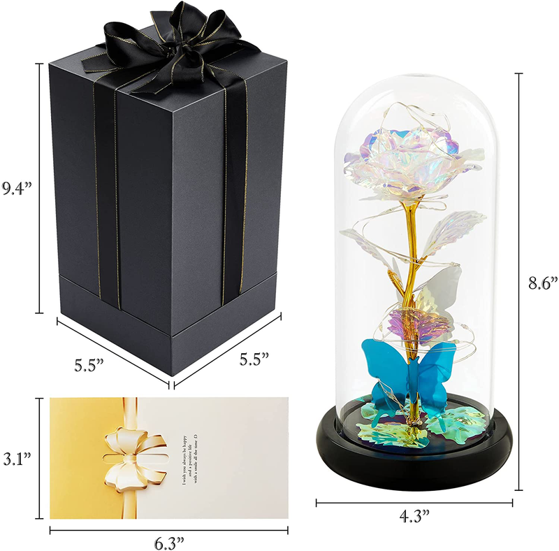 HOOJO Forever Rose Gift for Women, Birthday Gift for Mom, Colorful Beauty and the Beast Enchanted Preserved Rose in Glass Dome with LED Light for Valentine'S Day, Mother'S Day
