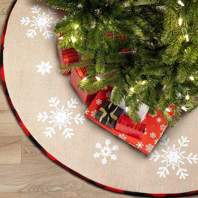 OurWarm 48 Inch Christmas Tree Skirt Red and Black Buffalo Plaid Christmas Tree Skirt, Double Sided Burlap Tree Skirt Snowflake Xmas Tree Skirt for Holiday Rustic Vintage Christmas Decorations