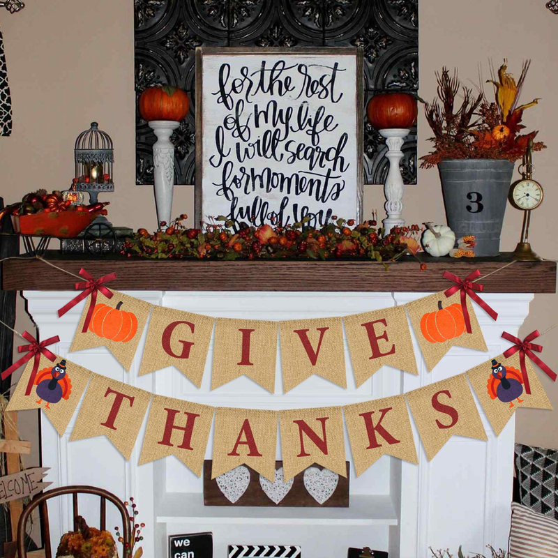 Give Thanks Burlap Banner| ThanksGiving Burlap Banner Thanksgiving Decorations| Rustic Thanksgiving Turkey Pumpkin Bunting| Thanksgiving Party Supplies Fireplace Mantle Decor Home & Garden > Decor > Seasonal & Holiday Decorations Partyprops   