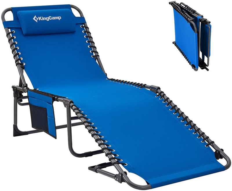 Kingcamp 4-Fold Folding Outdoor Chaise Lounge Chair for Beach, Sunbathing, Patio, Pool, Lawn, Deck, Lay Flat Portable Lightweight Heavy-Duty Adjustable Camping Reclining Chair with Pillow Sporting Goods > Outdoor Recreation > Camping & Hiking > Camp Furniture KingCamp Blue  