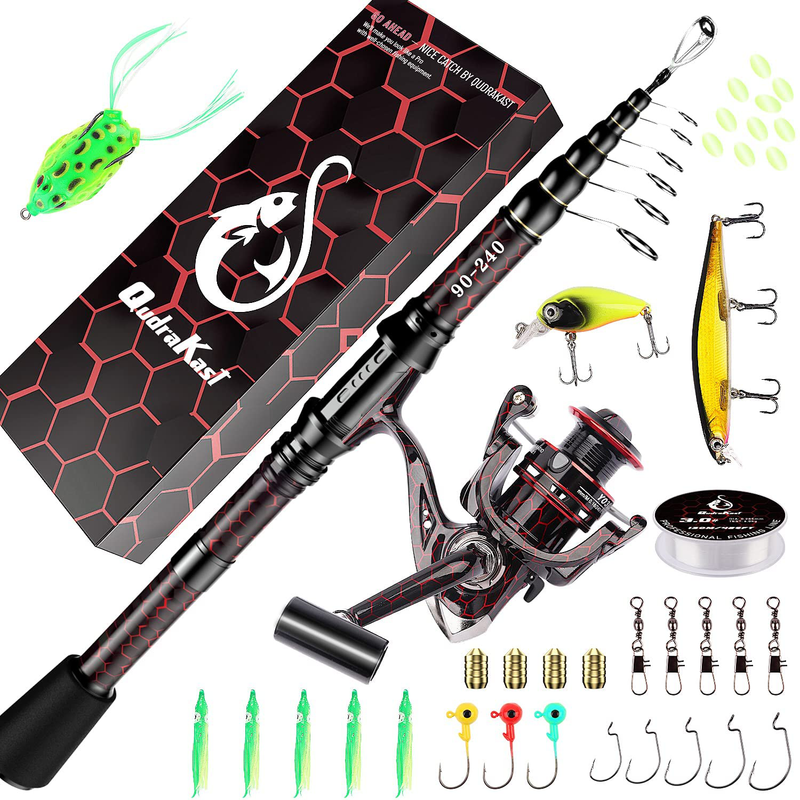 QudraKast Fishing Rod and Reel Combos, Unique Design with X-Warping Painting, Carbon Fiber Telescopic Fishing Rod with Reel Combo Kit with Tackle Box, Best Gift Sporting Goods > Outdoor Recreation > Fishing > Fishing Rods QudraKast Red Full Kit-Super Ring 1.8M Rod Reel Combo-Super Ring 