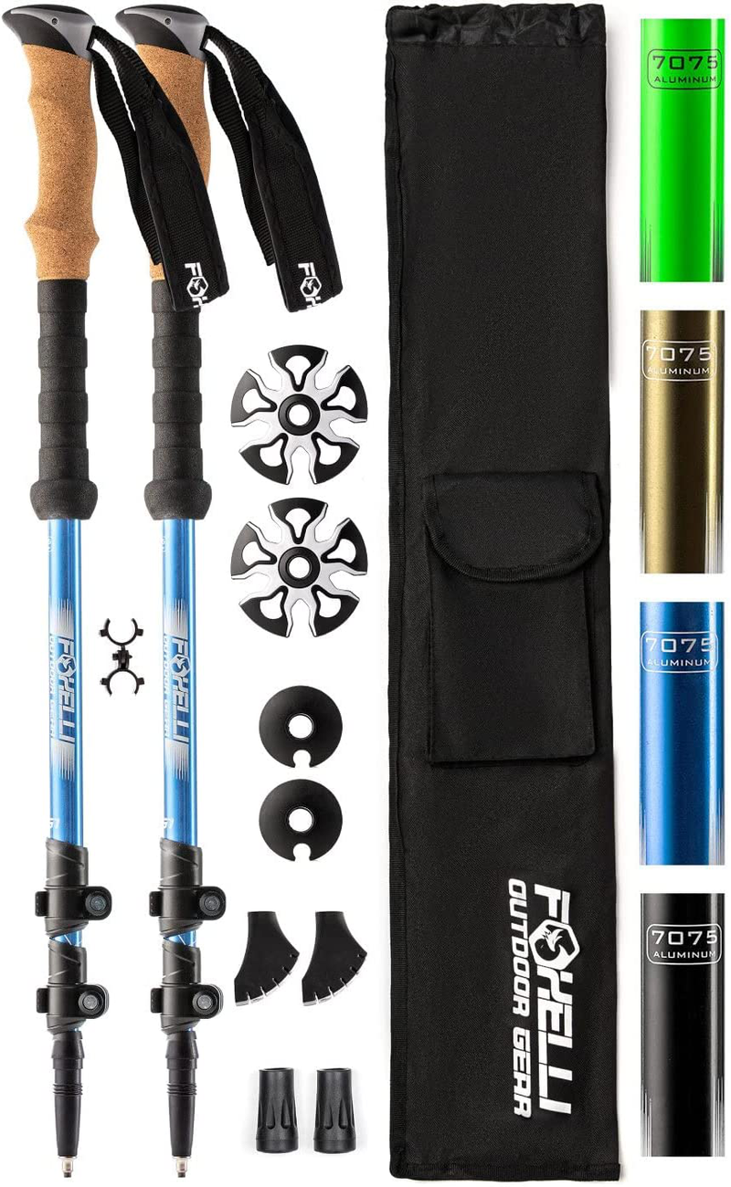Foxelli Trekking Poles – 2-Pc Pack Collapsible Lightweight Hiking Poles, Strong Aircraft Aluminum Adjustable Walking Sticks with Natural Cork Grips and 4 Season All Terrain Accessories Sporting Goods > Outdoor Recreation > Camping & Hiking > Hiking Poles Foxelli Blue  