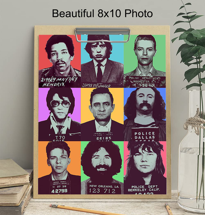 David Bowie, Elvis, Johnny Cash, Jerry Garcia, Jimi Hendrix, Mick Jagger, Frank Sinatra, David Crosby, Janice Joplin Wall Art & Decor - Musician Mugshot Photo - Pop Art Gift - 8X10 Poster Print