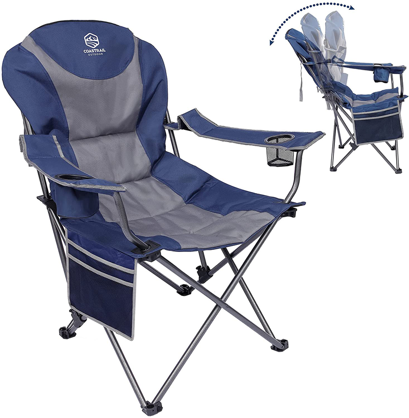 Coastrail Outdoor Reclining Camping Chair 3 Position Folding Lawn Chair for Adults Padded Comfort Camp Chair with Cup Holders, Head Bag and Side Pockets, Supports 350Lbs, Blue&Brown Sporting Goods > Outdoor Recreation > Camping & Hiking > Camp Furniture Coastrail Outdoor Blue&grey  