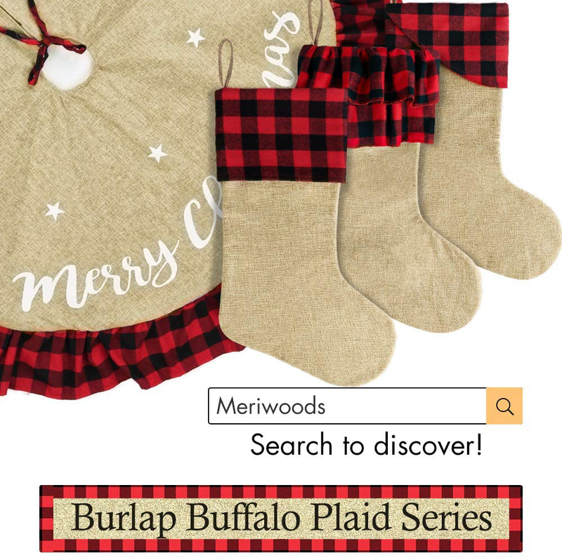 Meriwoods Burlap Christmas Tree Skirt 48 Inch, Large Tree Collar with Ruffled Buffalo Plaid Trim, Country Rustic Indoor Xmas Decorations