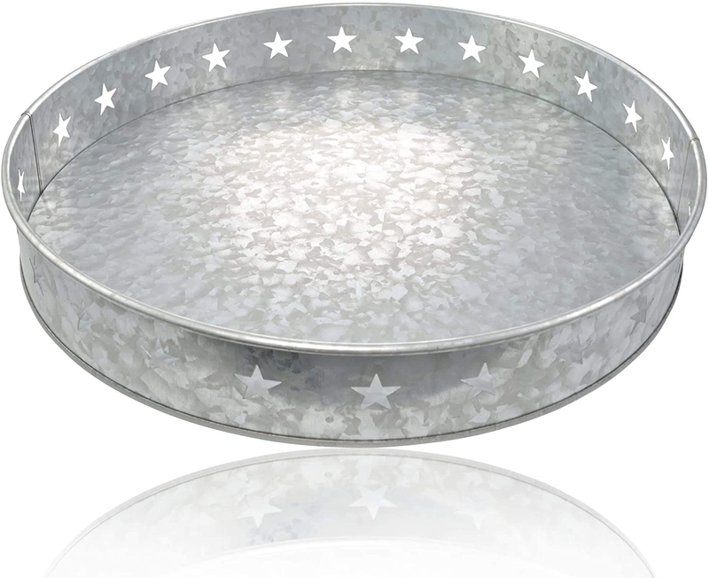 TinnLizzie Galvanized Metal Round Serving Tray Butler Tray - Decorative Centerpiece for Coffee Table or Dining Table, Vintage Farmhouse Decoration for Modern Kitchens, Rustic Accessories for Parties Home & Garden > Decor > Decorative Trays TinnLizzie   