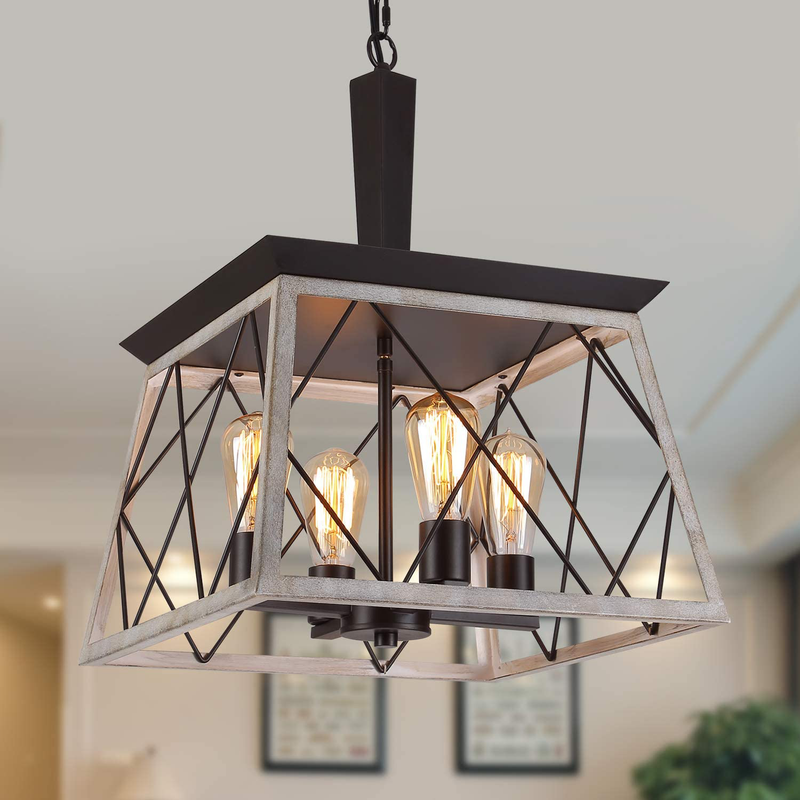 Q&S Farmhouse Vintage Chandelier, Rustic Pendant Light,Industrial Hanging Light Fixture for Dining Room Kitchen Island,Wrought Iron ,ORB+Oak White 4 Lights E26 Home & Garden > Lighting > Lighting Fixtures > Chandeliers Q&S   