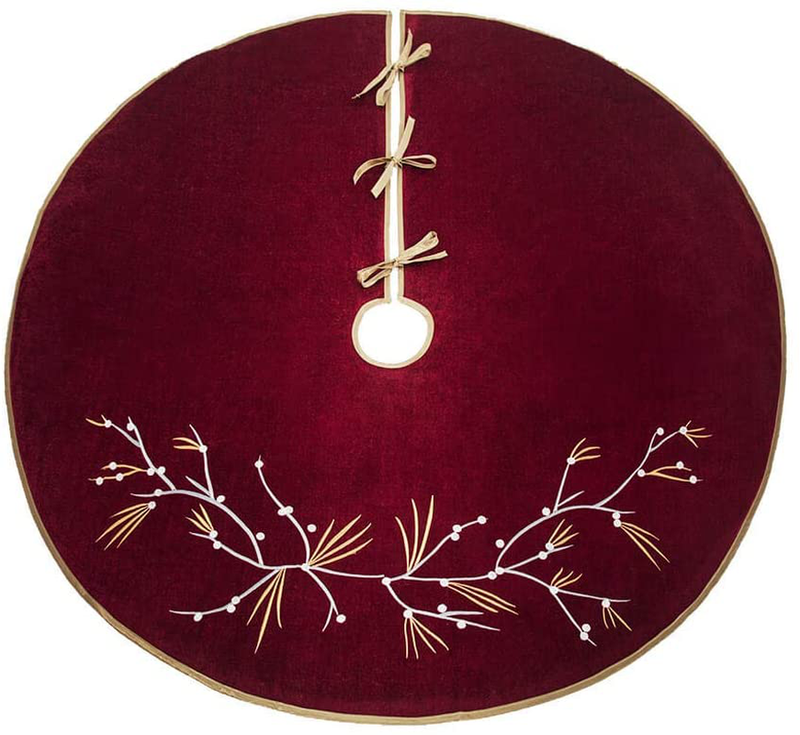 Halo Christmas Tree Skirt 50" with Programmable LED Lights - Wine Red Velvet Quilted Holly Flowers Embroidery