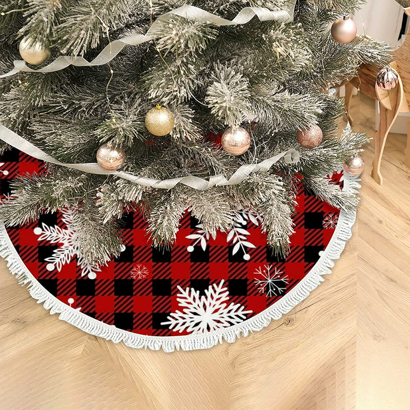 Christmas Tree Skirt Xmas Tree Skirts Buffalo Plaid Snowflakes Red for Party Holiday Happy New Year Winter Decorations Indoor Outdoor 30 inch Home & Garden > Decor > Seasonal & Holiday Decorations > Christmas Tree Skirts Vantaso   