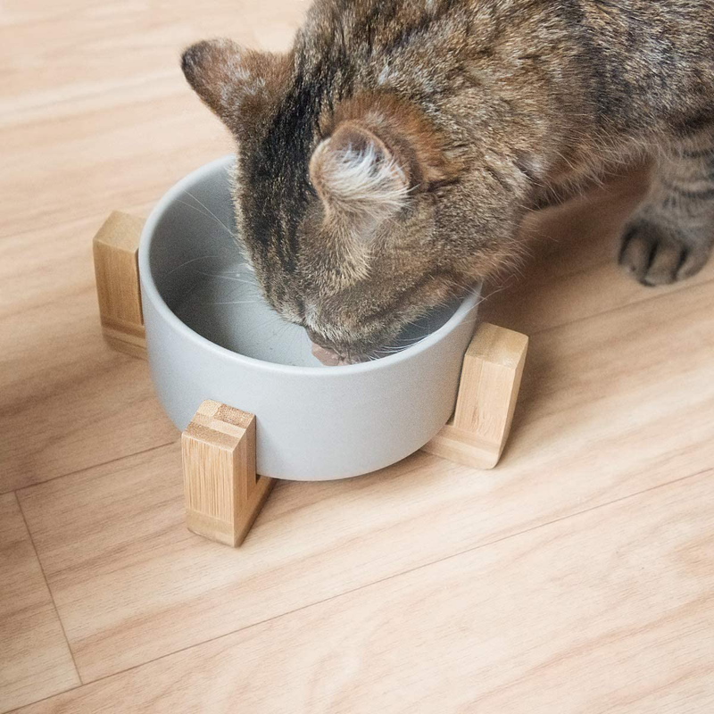Navaris Ceramic Elevated Cat Bowls - Raised Double Food and Water Bowl Set for Cats and Small Dogs with Wood Stands - No Spill Eco Friendly Pet Bowls