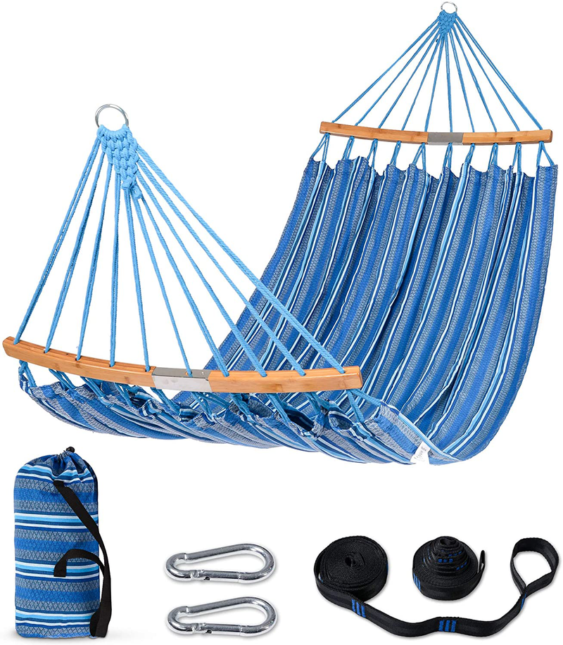 SUNCREAT Hammocks Double Hammock with Curved Bamboo Spreader Bar, Outdoor Portable Hammock with Carrying Bag & Tree Straps for Bedroom, Patio, Backyard, Balcony, Max 450lbs Capacity, Blue Home & Garden > Lawn & Garden > Outdoor Living > Hammocks SUNCREAT Default Title  