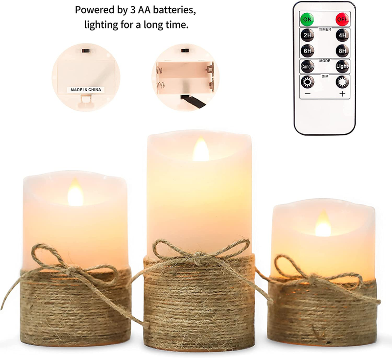 CRYSTAL CLUB LED Pillar Candles with Remote, Set of 3 Real Wax Flickering Flameless Candles with Timer, Battery Operated White Candle with Hemp Rope for Beach & Ocean, Home Bedroom Decor