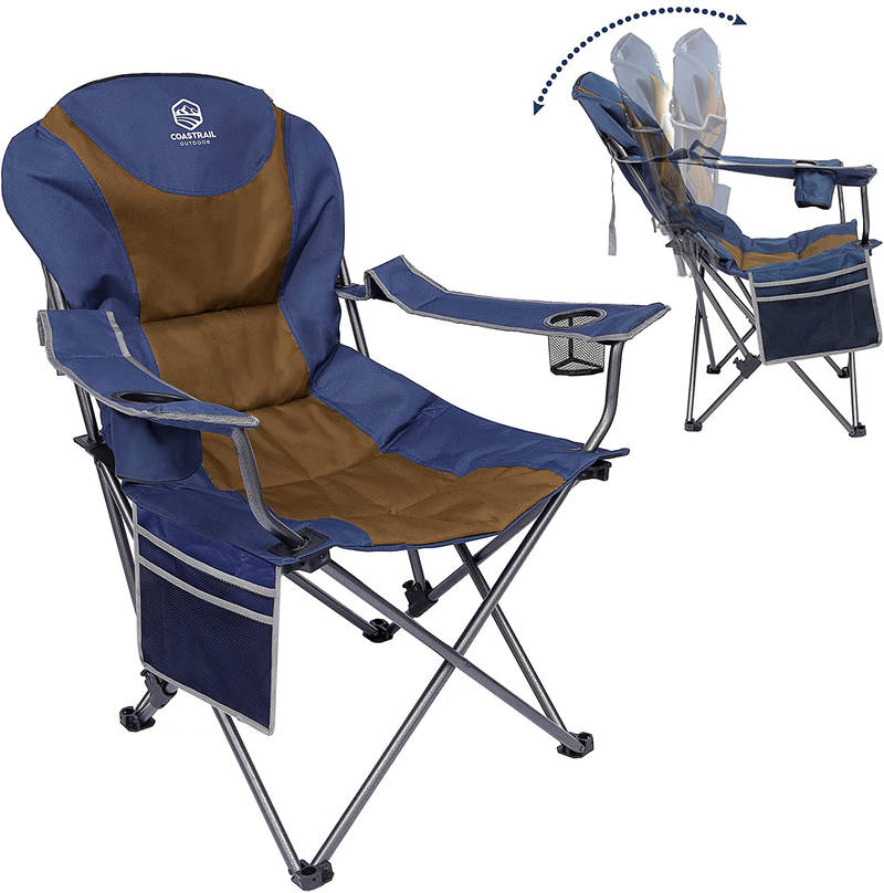 Coastrail Outdoor Reclining Camping Chair 3 Position Folding Lawn Chair for Adults Padded Comfort Camp Chair with Cup Holders, Head Bag and Side Pockets, Supports 350Lbs, Blue&Grey Sporting Goods > Outdoor Recreation > Camping & Hiking > Camp Furniture Coastrail Outdoor Blue&brown  