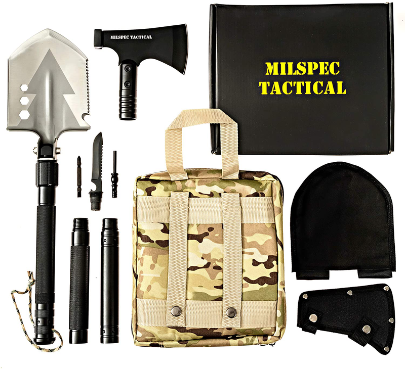 Survival Folding Shovel with Camping Axe Multi-Tool - Folding Shovel Survival Kit with Blade, Saw, Hatchet Attachments - Survival Tools for Camping, Hiking, Outdoor, Emergency, Backpacking, Military Sporting Goods > Outdoor Recreation > Camping & Hiking > Camping Tools MILSPEC TACTICAL   