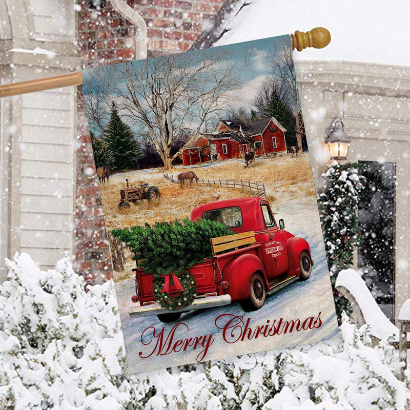 Dyrenson Merry Christmas 28 x 40 House Flag Red Truck Double Sided, Xmas Farmhouse Quote Burlap Garden Yard Decoration, Rustic Winter Vintage Seasonal Outdoor Décor Decorative Large Flag for Holiday Home & Garden > Decor > Seasonal & Holiday Decorations& Garden > Decor > Seasonal & Holiday Decorations Dyrenson   