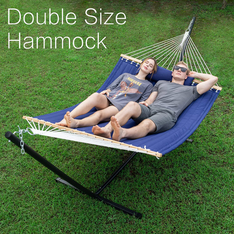 Gafete Large Thicker Hammock with Stand Included 2 Person Heavy Duty Outside Portable Cotton Double Hammocks with Hardwood Spreader Bar and Pillow for Outdoor, Max 475lbs Capacity ( Navy ) Home & Garden > Lawn & Garden > Outdoor Living > Hammocks gafete   