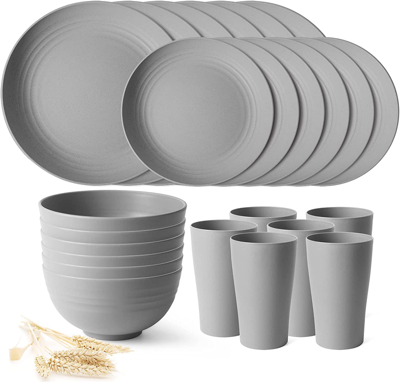 Teivio 24-Piece Kitchen Wheat Straw Dinnerware Set, Dinner Plates, Dessert Plate, Cereal Bowls, Cups, Unbreakable Plastic Outdoor Camping Dishes (Service for 6 (24 piece), Multicolor) Home & Garden > Kitchen & Dining > Tableware > Dinnerware Teivio Gray Service for 6 (24 piece) 