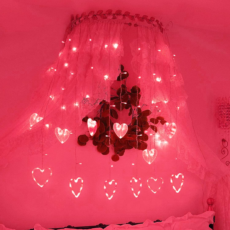 Efunly Valentines Day Decor Lights,138 LED 12-Heart-Shaped String Lights Waterproof,8 Modes Connetable 29V Plug in Curtain Lights for Kids Bedroom Wedding Party Valentines Day Decoration(Red)