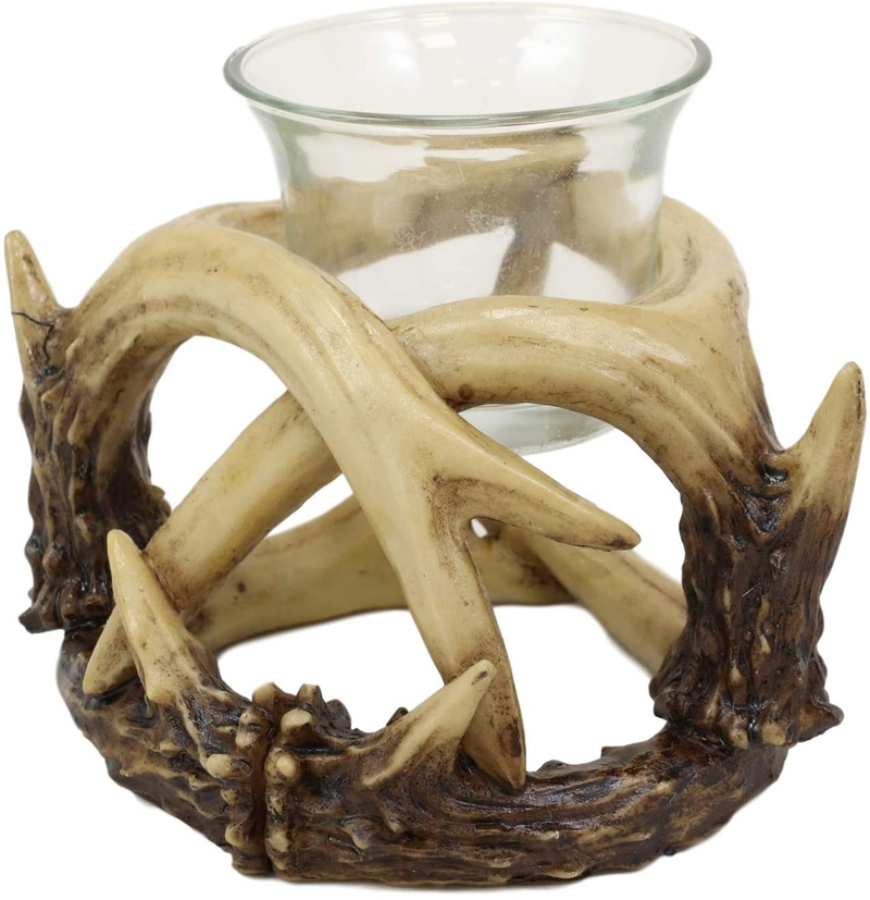 Ebros Set of 2 Wildlife Rustic Buck Elk Deer Stag Entwined Antlers Votive Candle Holder Accent Figurines 5" Wide Nature Lovers Hunters Cabin Lodge Country Home Decorative Antler Candleholders