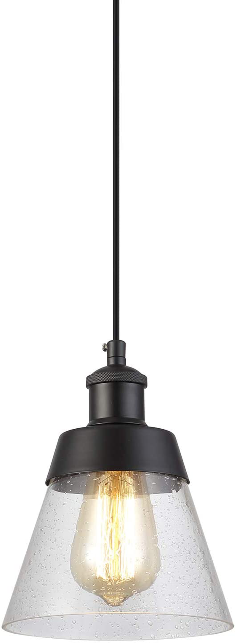 Rustic Glass Pendant Light with Handblown Clear Seeded Glass Shade, One-Light Adjustable Industrial Cone Mini Pendant Lighting Fixture for Kitchen Island Cafe Bar Farmhouse, Oil Rubbed Bronze Home & Garden > Lighting > Lighting Fixtures Fivess Lighting Black  