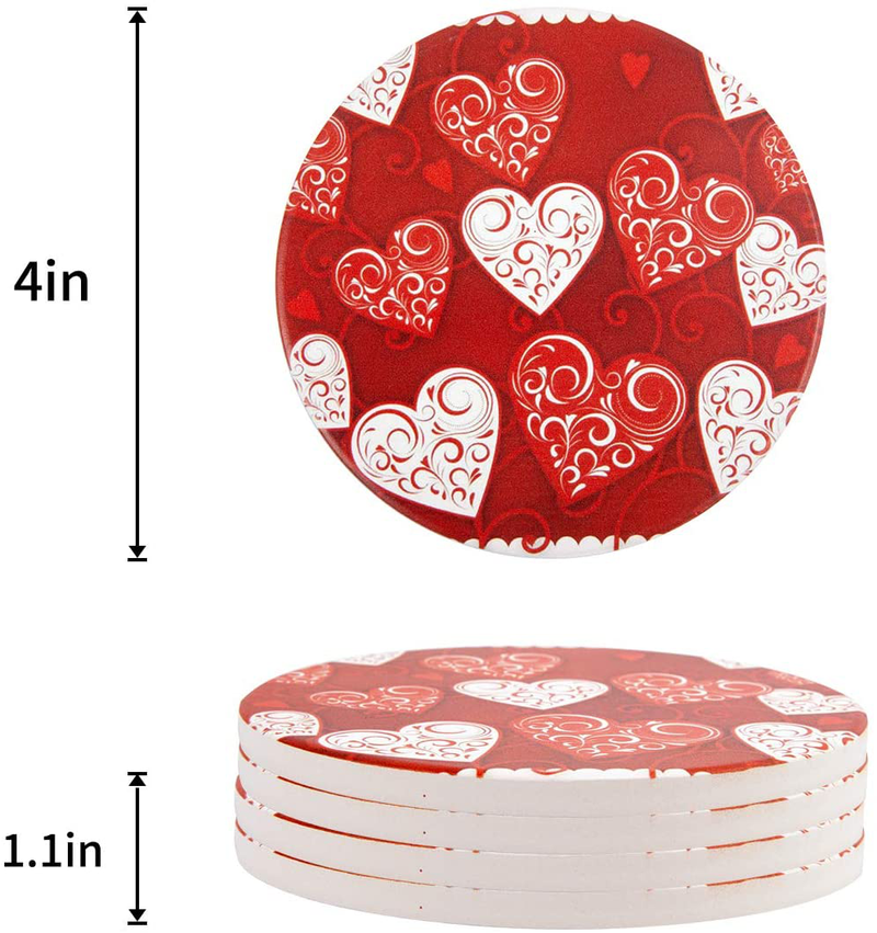 SODIKA Happy Valentines Day Love Absorbent Ceramic Coasters for Drinks 4" Diameter round Water-Absorbent Quick-Drying Coaster Cup Mats(4 Piece)