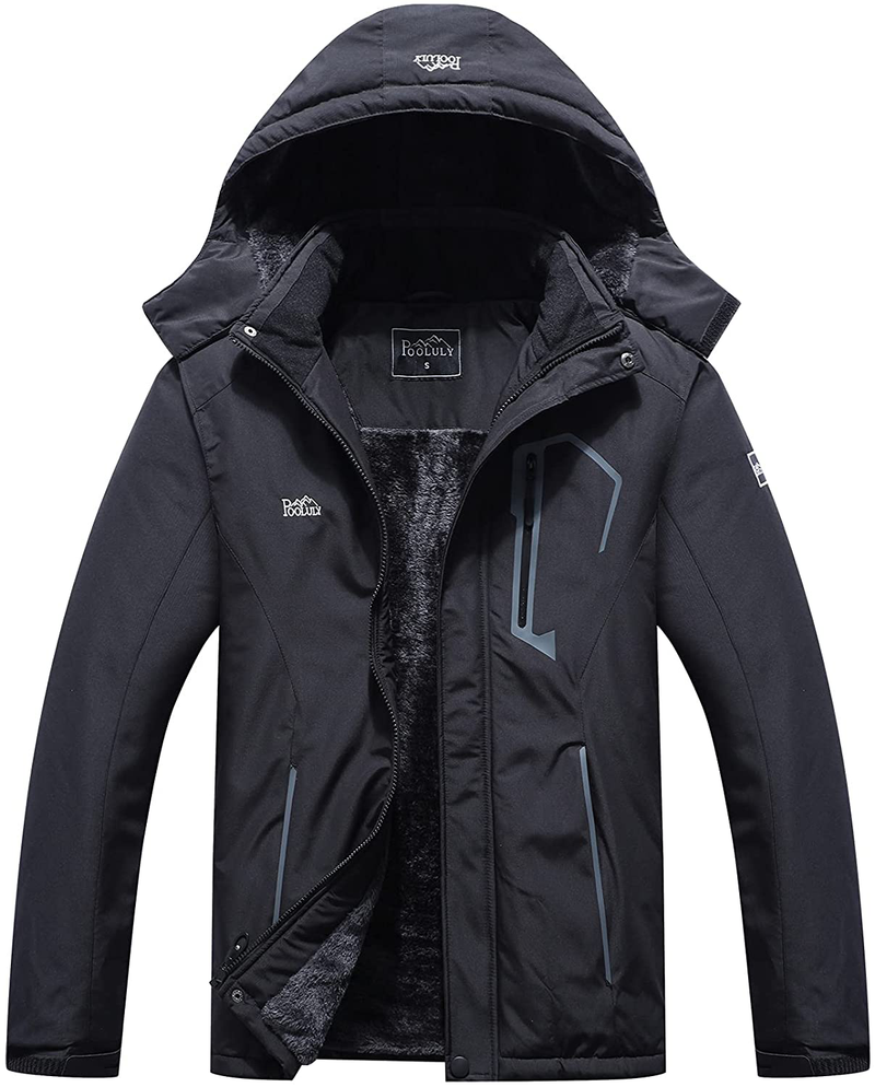 Pooluly Men's Ski Jacket Warm Winter Waterproof Windbreaker Hooded Raincoat Snowboarding Jackets  Pooluly Black Large 