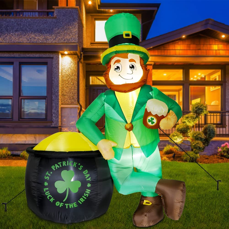 Ourwarm 6FT St Patricks Day Inflatables Outdoor Decorations, Leprechaun Inflatable with Built-In LED Lights Holding Beer and Leaning on Gold Pot for Indoor Outdoor Blow up Yard Garden Lawn Decor Arts & Entertainment > Party & Celebration > Party Supplies OurWarm   