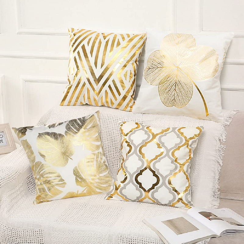 JUFANGFIN Gold Foil Geometric Throw Pillow Covers 18X18 Inch,Set of 4 Farmhouse Geometric Leaves Dercoration,Square Couch Sofa Cushion Covers for Living Bed Room,Outdoor Patio Home Decor(Gold Foil-1) Home & Garden > Decor > Chair & Sofa Cushions JUFANGFIN   