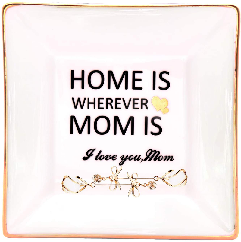 LEBOO Gift for Mom from Daughter or Son, Ceramic Ring Dish Decorative Jewelry Tray - Home is wherever Mom is, Gifts for Mother's Day Birthday Thanksgiving Day Christmas