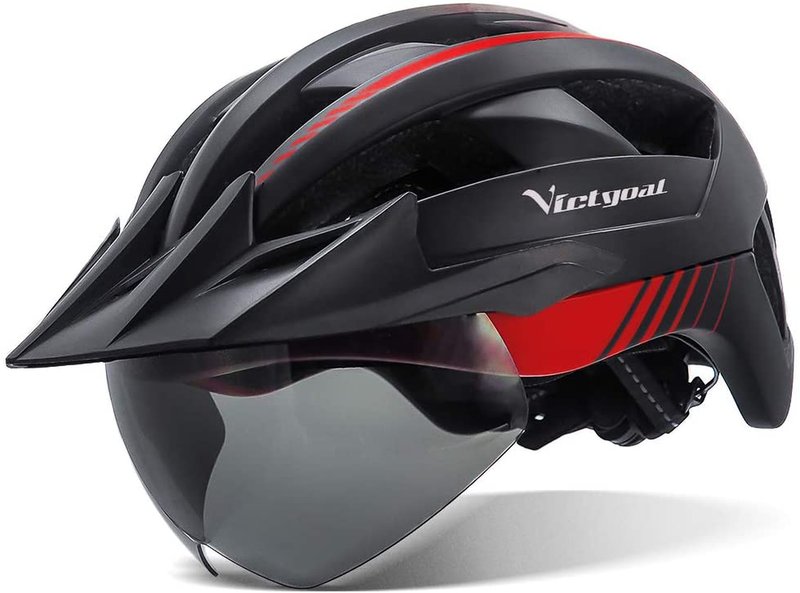 VICTGOAL Bike Helmet with USB Rechargeable Rear Light Detachable Magnetic Goggles Removable Sun Visor Mountain & Road Bicycle Helmets for Men Women Adult Cycling Helmets Sporting Goods > Outdoor Recreation > Cycling > Cycling Apparel & Accessories > Bicycle Helmets VICTGOAL Black Red  