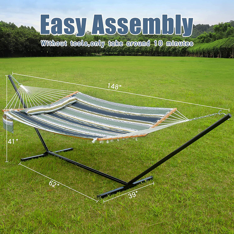 Hammock with Stands 2 Person Heavy Duty 450 Pounds Capacity with Bamboo Spreader Bar,Pad ,Pillow and Cup Holder Included for Outdoor Patio,Deck,Yard(Blue Stripe)
