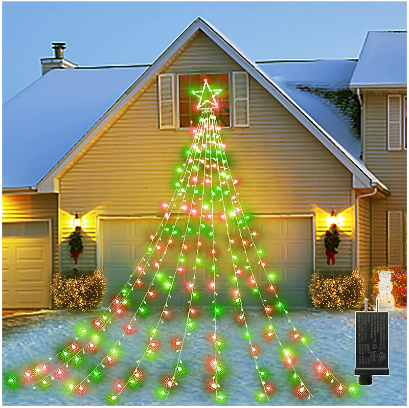 Outdoor Christmas Decorations Star Light,16.4 ft 344 LED Waterfall Tree Lights with Topper Star String Lights Plug in ,8 Lighting Mode Christmas Star Lights for Party Home Holiday Decor(Warm White) Home & Garden > Decor > Seasonal & Holiday Decorations& Garden > Decor > Seasonal & Holiday Decorations Linhai Baoguang Lighting Co., Ltd Red+green  