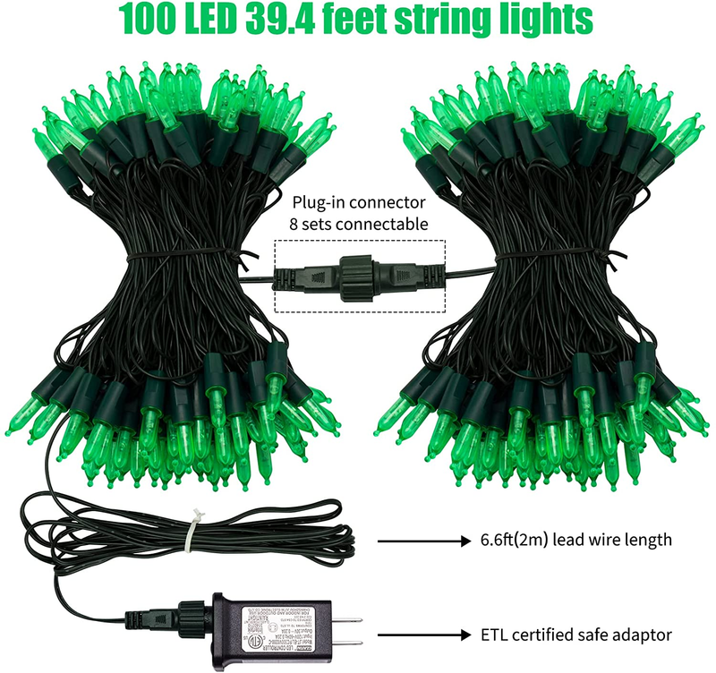 Green Mini Christmas Lights - 39 Feet 100 LED Green Fairy Lights with 8 Lighting Modes Waterproof Connectable for Indoor Outdoor Xmas Tree Garland Wreath Holiday St. Patrick'S Day Decoration Home & Garden > Lighting > Light Ropes & Strings Minetom   