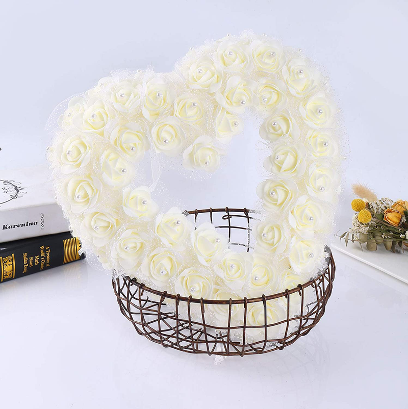Idyllic Heart Shaped Wreath Floral Rose Artificial Garland Door Wreath for Home Wedding Valentine'S Day Decoration, Ivory, 14 Inches