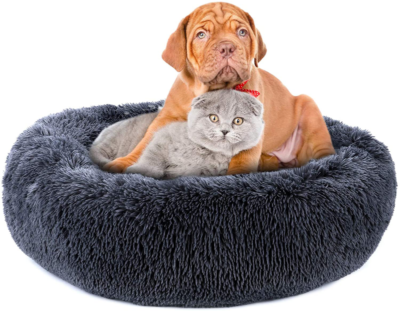 Pjyucien Calming Dog Bed Cat Bed, Large Medium Small Pet Beds, Soft Cozy Donut Cuddler round Plush Beds for Dogs Cats, Waterproof & Anti-Slip Bottom, Machine Washable  PJYuCien Dark grey Small 