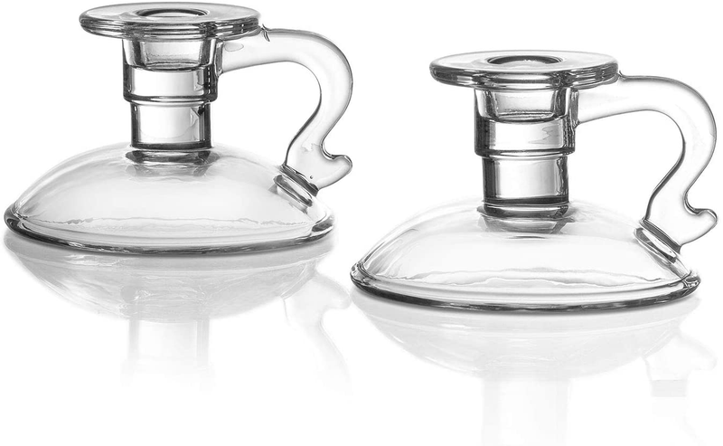 Glass Chamberstick Candle Holder - Antique Candlestick Style with Handle, Fits Standard Taper Candles, 4 Inch Tall, Clear Glass, Fall/Thanksgiving Centerpiece, Vintage Window Decoration - Set of 2 Home & Garden > Decor > Home Fragrance Accessories > Candle Holders LampLust Modern  