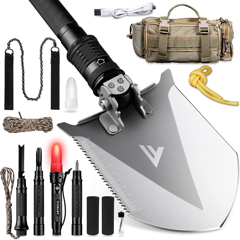 Fivejoy Gifts for Men Dad -Camping Shovels Multitool with Flashlight 25-In-1 Folding Shovel High Carbon Steel Tactical Shovel Portable Foldable Survival Tool, with Micro USB Input and Output Port