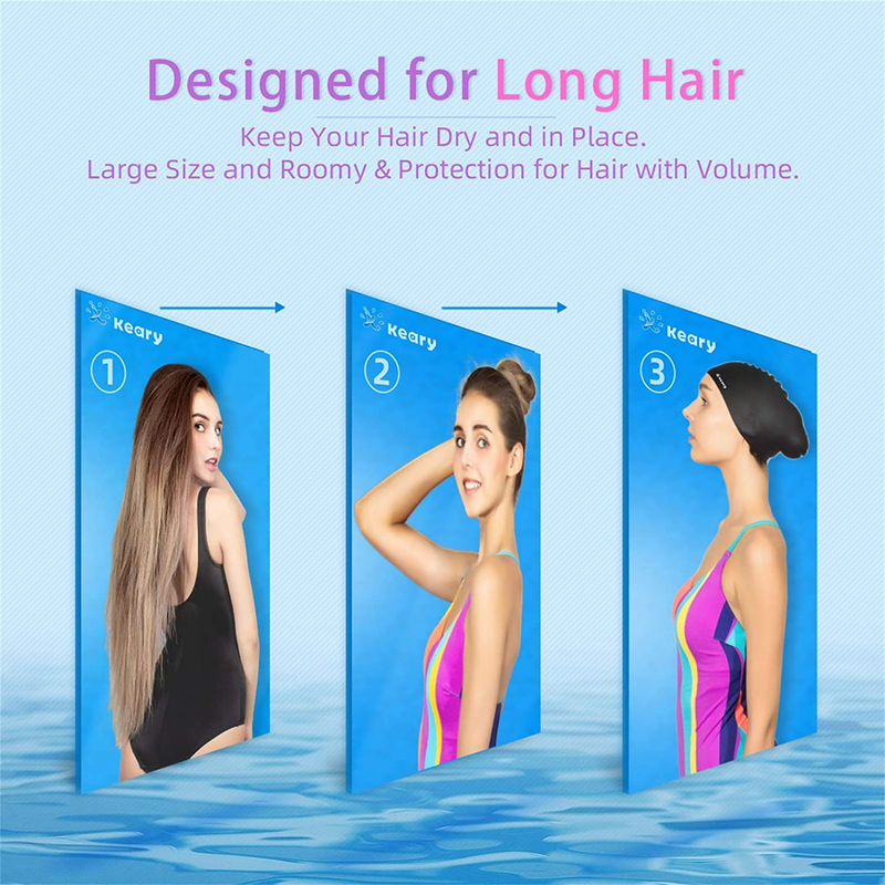 Keary 2 Pack Updated Silicone Swim Cap for Long Hair Women Girl Waterproof Bathing Pool Swimming Cap Cover Ears to Keep Your Hair Dry, 3D Soft Stretchable Durable and Anti-Slip, Easy to Put On and Off