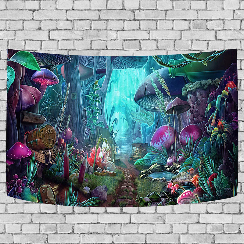 DBLLF Psychedelic Game Mushroom Castle Tapestry Large 80"x 60" Cotton Art Tapestries Fairy Tale Forest Tapestry for Bedroom Living Room Dorm DBLS774 Home & Garden > Decor > Artwork > Decorative TapestriesHome & Garden > Decor > Artwork > Decorative Tapestries DBLLF Green 60Wx40L 