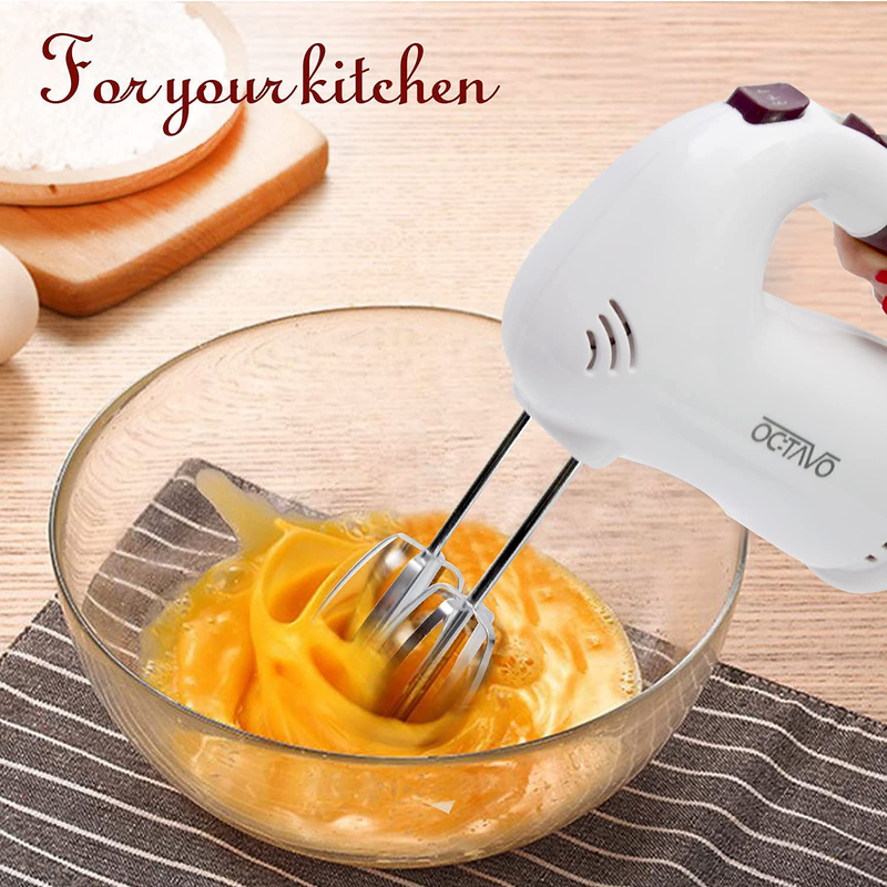 OCTAVO Hand Mixers Electric, Handheld Electric Mixer With Easy Eject Button, 2 Wired Beaters + 2 Dough Hooks And Storage base with Ultra Power 250W - 5 Speed - 120V (white)